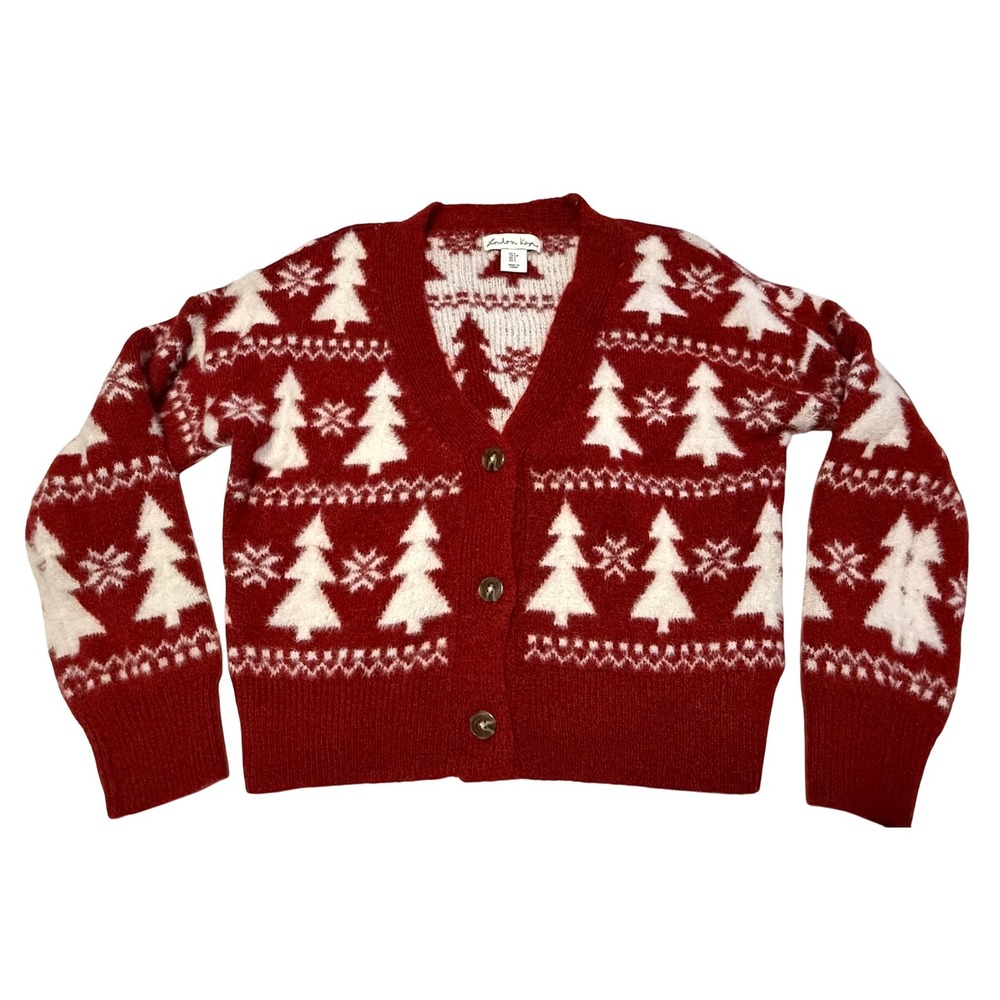 London Kaye Red White Fair Isle Christmas Tree Cardigan Sweater women's Small